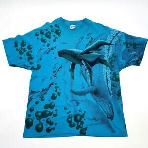 VTG 90s Nature T Shirt AOP Harlequin Humpback Whale T-Shirt XXL Blue/Green VTG